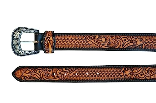 Western Genuine Leather Floral Tooled Casual Jeans Belt With Removeable Buckle 30AB1074