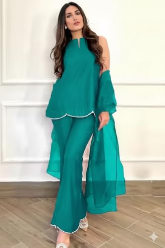 Image of Women's Teal Chiffon Kurta with Dupatta and Palazzo Pants, 3-Piece Ethnic Suit Set