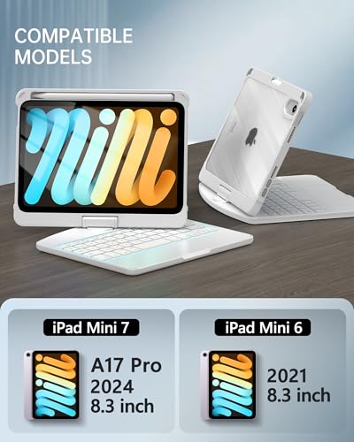 Image of Intermerge Keyboard Case for iPad mini 7 (A17 Pro, 2024) & Mini 6 (2021) 8.3 inch - 360 Swivel Multi-Touch Trackpad, 7-Color RGB Backlit Keys, Pencil Holder, Type-C Charging, Power Indicator-Solid White