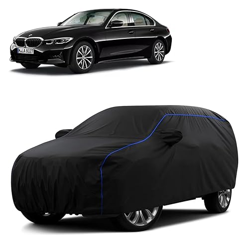 Image of Sulfar 100% Water Resistant Car Body Cover Compatible with Mirror for BMW 320D (Triple Stitched, Full Bottom Elastic, Black Tafetta with Blue Piping)