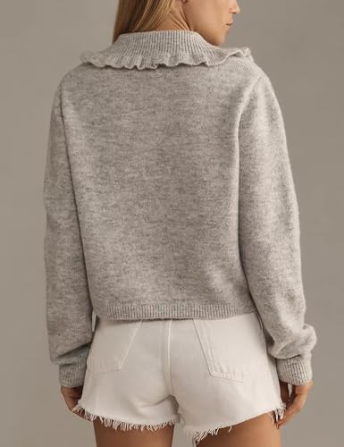 InterNos Womens Y2k Ruffled Collar Cardigan Sweaters Classic Button Down Long Sleeves Fall Sweater Crop Tops3