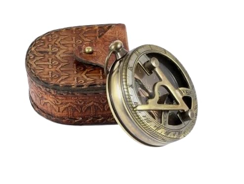 Reloj de sol antiguo de latón con brújula y estuche de cuero, instrumento náutico vintage, coleccionable marítimo, brújula de bolsillo funcional para exteriores, senderismo y camping miniatura 1