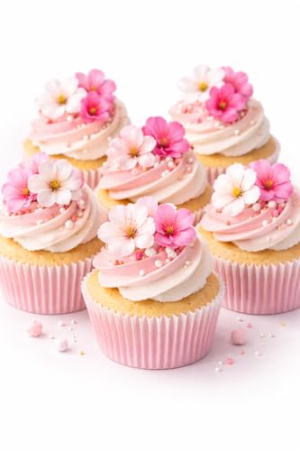CHERRY BLOSSOM FLOWERS Edible Rice Wafer Paper Cupcake Toppers Cake Decorations Flower 30 PCS Spring Pink