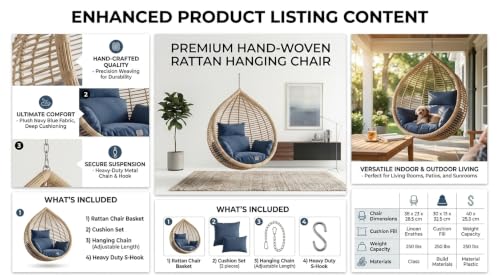 Image of UNIVERSAL FURNITURE Hanging Egg Swing Chair with Stand, Woven Wicker Rattan Style Swing with Cushion, Freestanding Indoor Outdoor Hanging Chair for Patio, Balcony, Garden & Porch (Beige & Blue)