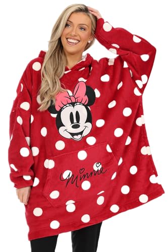Disney Minnie Mouse Womens and Girls Matching Fully Lined Luxury Fleece Hoodie Oversized Blanket Hoody (7-10 Years) Red