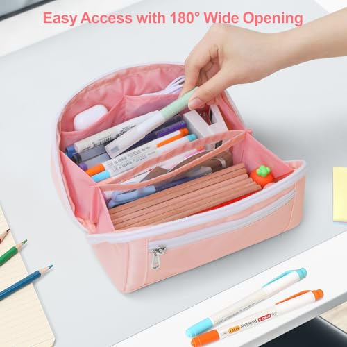 Image of Large Capacity Pencil Case - Pencil Pouch for Teen Girls, Aesthetic Pouch Organizer with 8 Compartments, Wide Opening Marker Bag for Middle High School College, Fits Calculator, Pink