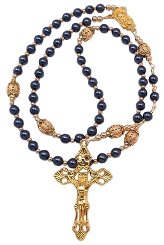 DivinejewelsbyBarb Handmade Catholic Rosary, Blue Pearls and Gold Tone Ornate Crucifix