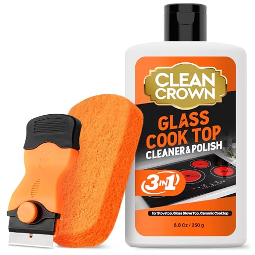 Comparison: Best Stove Cleaner Product 6 CleanCrown 3-in-1 Cooktop Cleaner Kit (8.8 Oz Cooktop Cleaner + Scrubbing Pad + Scraper), Stovetop Cleaner for Electric Top Stoves, Ceramic Cooktops & Fireplace Glass, Remove Burned on Food, Grease