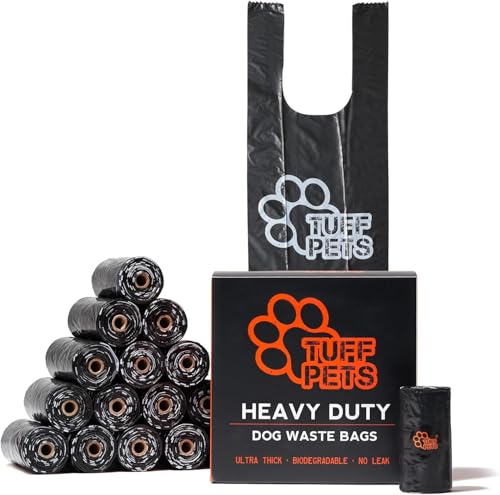 Tuff Pets bolsas caca perro biodegradables extragruesas en rollos | Bolsas perro con asas para atar | Bolsa caca perro un 50% más gruesa | Almidón de maíz | 16 rollos | 160 bolsas