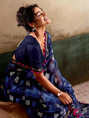 Image of AKHILAM Women's Cotton Printed Saree With Unstitched Blouse Piece