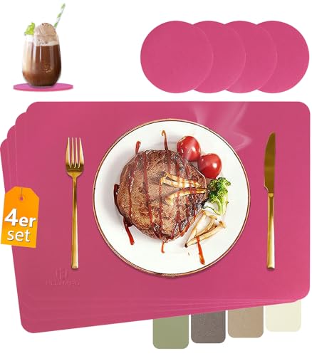 HELI MIAO Tischsets Abwaschbar,Platzsets Abwischbar, Leder,Hitzebeständig Doppelseitigen I 6er Set Platzdeckchen Lederoptik mit Untersetzer,Tischuntersetzer rutschfest,Salbeigrün
