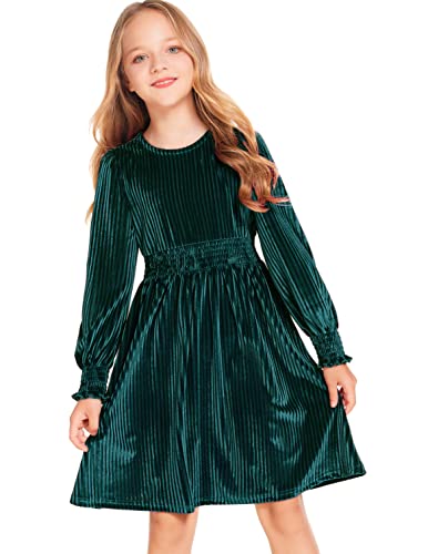 Arshiner Girls Velvet Dress Crew Neck Long Sleeve Elegant Party Dresses For School (0-Green, 6-7 Years) #TOP6