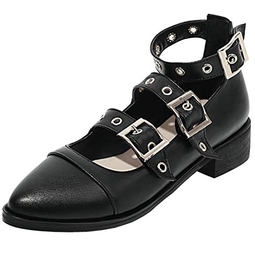 MAVMAX Women's Punk Goth Buckled Mary Jane Shoes Chunky Low Heel Pointed Toe Pumps
