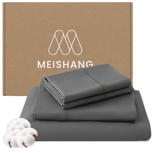 MEISHANG 1000 Thread Count Egyptian Cotton Sheets California King - 100% Egyptian Cotton Sheet Set, Sateen Weave, Soft & Breathable, 16" Deep Pockets - 4 Piece (Cal King, Grey)