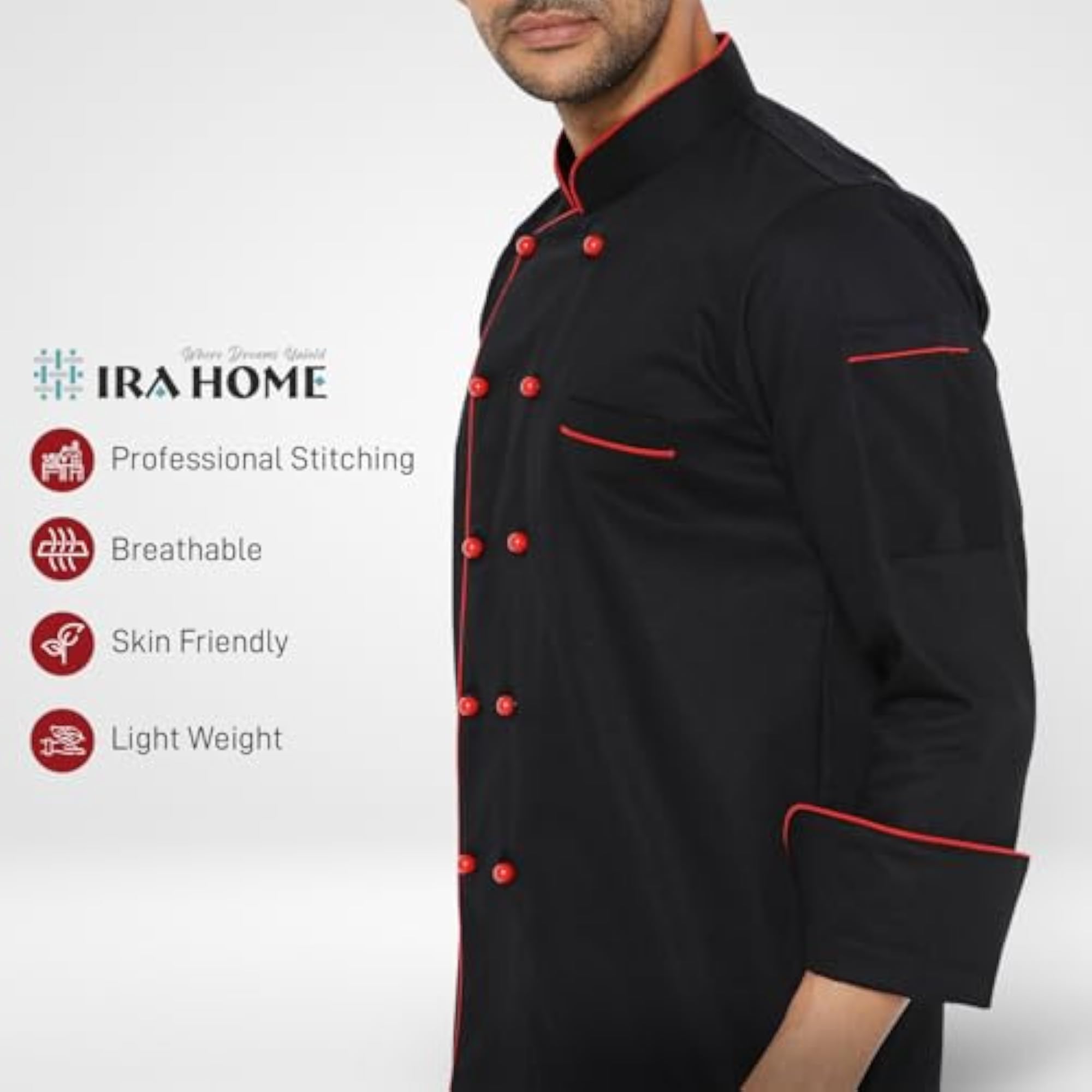 Royal Series Black Color Chef Coat with Red Piping