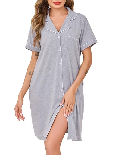 Wikoan Damen Nachthemd mit Knöpfe Weiche Baumwolle Nachthemd Kurzarm...