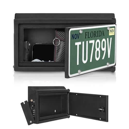 Omutan License Plate Hidden Safe Box Car Key Storage Lock Box License Plate Mount Holder with Secret Stash License Plate Frame Bracket