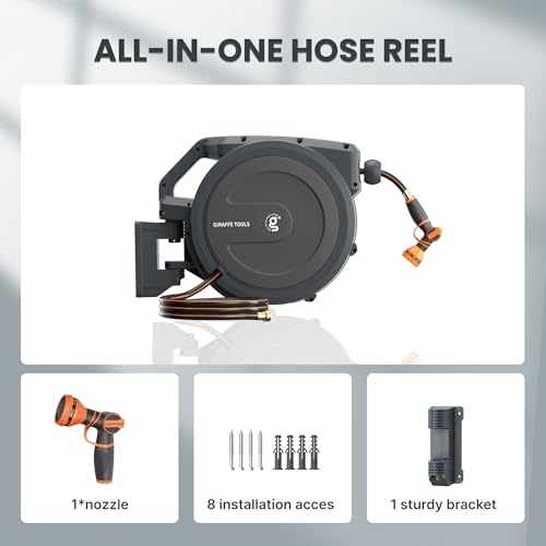 Giraffe Tools AW30 Garden Hose Reel Retractable 1/2 Inch X 100 Ft Wall Mounted Water Hose Reel Automatic Rewind thumb #1