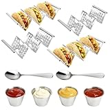 DIYJEP 10 Stück Edelstahl Taco Halter mit Dip Schalen Löffel Set, Taco Sheel Tortilla Ständer bis zu 3 Tacos jeder, Hotdog Halter mit Griff Ölfilter Löcher für halten Hot Dogs Sandwiches Pfannkuchen