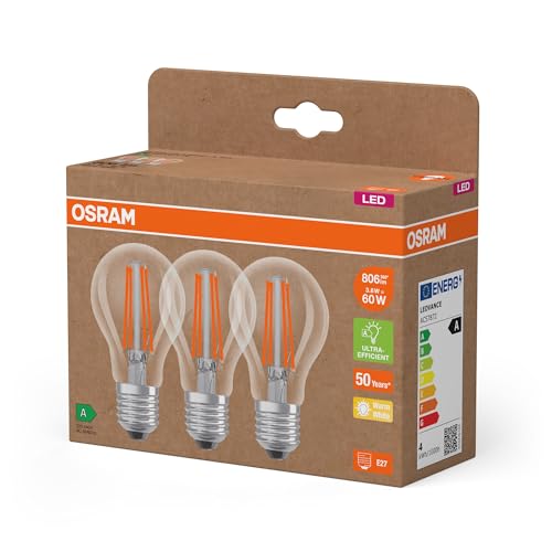 Osram Hocheffiziente LED Lampen mit Energieeffizienz Klasse A, Vorteilspack mit 3 Leuchtmittel, ersetzt herkömmliche 60W Glühbirnen, Birnenform, warmweiß(2700K), E27, Filament Glas