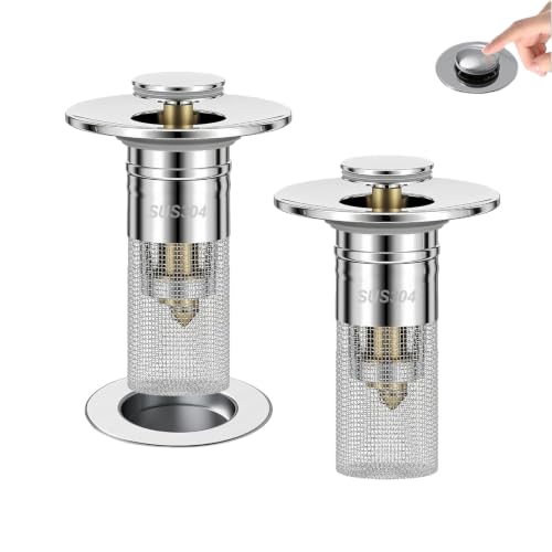 Lanjiesh 2PCS Bathroom Sink Drain Strainer, Pop-up Stopper Hair Catcher with Stainless Steel Filter Basket, Universal Replacement Drain Plug for Bathroom Sinks