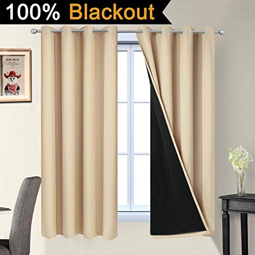 Image of Yakamok Home Decor Thermal Insulated Full Blackout Drapes, 2-Layer Lined 100% Blackout Curtains with Black Liners, Energy Efficiency Window Draperies for Bedroom(52Wx63L, Beige, 2 Panels)
