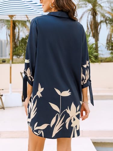 Image of CUPSHE Women Mini Summer Dress Cover Up Oversize Floral Shirt 3 /4 Sleeve Cuff Tie Button Down Beach Dresses Cover Up Top