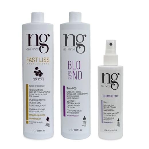Ng De France Kit Fast Liss Realinhamento vegano Alisamento 1L + Spray Thermo Repair Protetor Térmico Filtro Solar Capilar + Shampoo Matizador Desamarelador Loiros Grisalhos Amarelados Silver Blind 1L