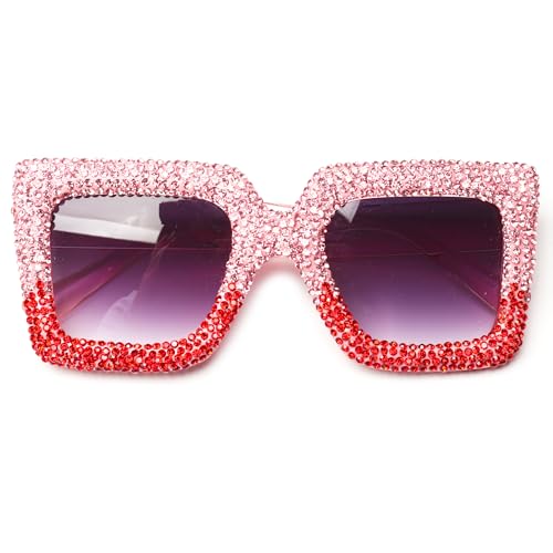 bullabulling Oversized Crystal Diamond Sunglasses for Women Square Thick Frame Bling Rhinestone Sparkling Glasses