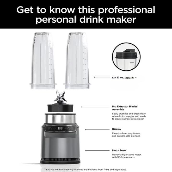 Nutri Blender Pro with Auto iQ, Personal Blender, 1100 W, Single Server, 2 cups 32 oz., Easy Cleanup (model CL 401 A)