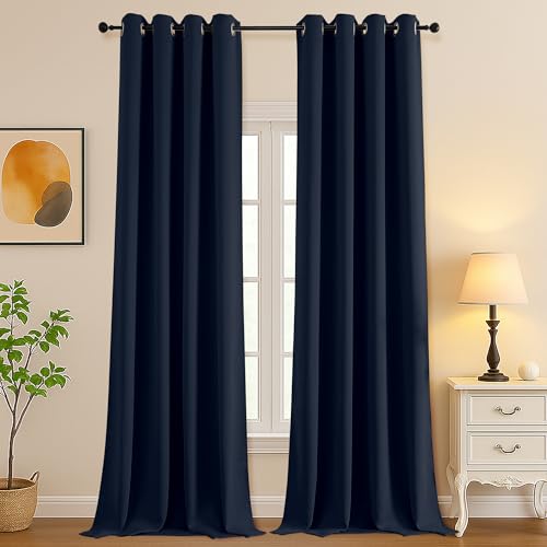Image of Simplebrand Navy Blue Extra Long 10ft Curtains for Patio 120 Inches Long 2 Panels Set, Room Darkening Light Blocking Solid Thermal Insulated Energy Saving Grommet Noise Reducing Curtains, 50 Wx120 L