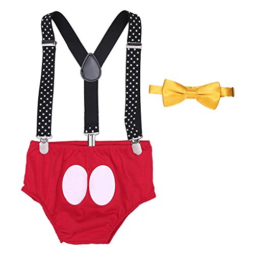 Yizyif Baby Boys Adjustable Y Back Elastic Strong Clip Suspenders Cake Smash Outfits First Birthday Bloomers Clothes Set Red 12-18 Months #TOP26