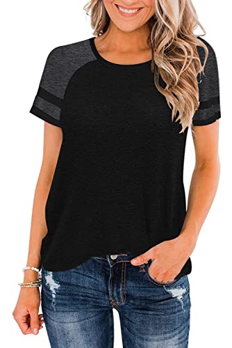 Heymiss Womens Shirts Summer Casual Crewneck Color Block Tee Athletic Short Sleeve Workout Ladies Tunic Tops Black Gray L