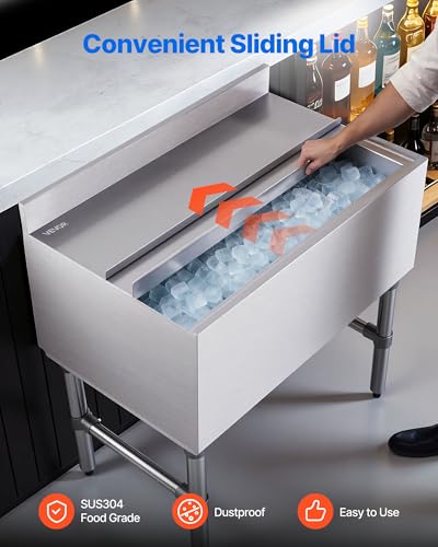 Image of VEVOR Commercial Ice Bin,19 Inch Stainless Steel Ice Chest with Sliding Lid and Bottle Holders, Cooler Cart Cocktail Unit for Bar Restaurant Pub, NSF Certified