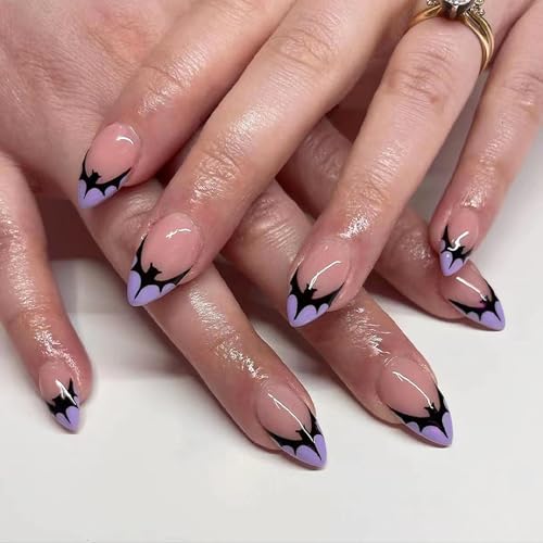 Halloween False Nails with Glue - 24PCS Halloween Stick on Nails - 12 Sizes Medium Press on Nails Almond - Fake Nails with Bat Design - Glossy Full Cover Acrylic Nails for Women Cosplay Decoration