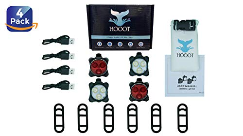 Hooot 2 Sets Usb Rechargeable Led Bike Light, 2 Super Bright Front Bicycle Headlight 2 Back Rear Taillight Ipx4 Water Resistant 4 Light Mode Options; 6 Straps 4 Usb Cables| Get Ultimate Safety & Style #TOP4