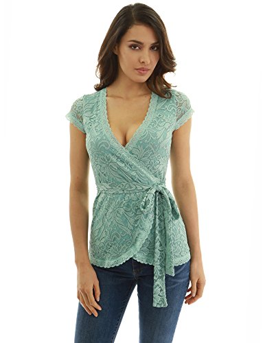 PattyBoutik Women Floral Lace Wrap Blouse (Turquoise Small)