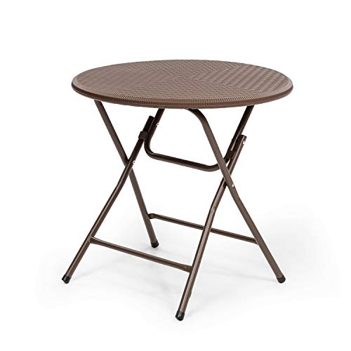 blumfeldt Burgos Round - Table de Jardin Pliante, 80 cm de diamètre, pour 4 Personnes, Revêtement Imitation Osier, Solide, Résistante aux intempéries, Cadre en Acier, Marron