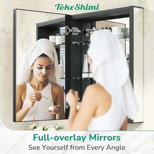 TokeShimi 16x26 Bathroom Medicine Cabinet with Mirror Full-Overlay,Aluminum Recessed Mirror Medicine Cabinet Frameless with Removable Tempered Shelves