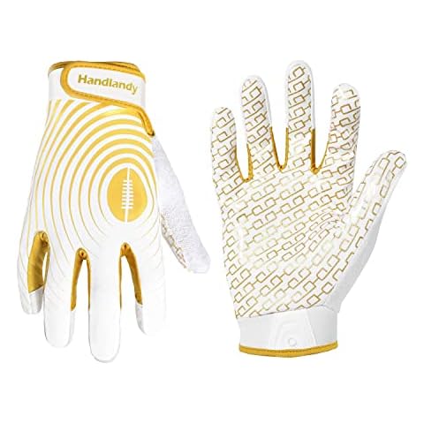 HANDLANDY Youth Football Gloves, Sticky Wide Receiver Gloves for Kids & Adult, White and Gold Stretch Fit Football Gloves (Large) Cover