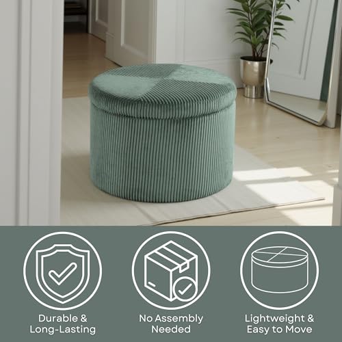 Convenience Concepts Designs4Comfort Round Corduroy Shoe Ottoman 22" - Upholstered Footstool, Small Table, & Seat with Storage Compartment for Living Room, Bedroom, Dark Sage Green Corduroy