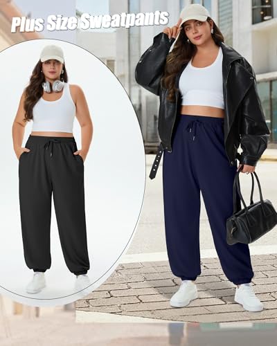 3 Pack Women's Plus Size Sweatpants, Drawstring Loose Fit Joggers Pants Comfy Casual Athletic Pants with Pockets4