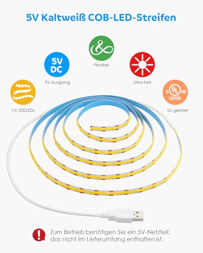 Aclorol COB LED Streifen Kaltweiß 1M 5V Hohe Dichte USB Led Streifen Durchgehendes Licht Selbstklebend Flexible Gleichmäßiges Led Lichtband… – Ansicht 3
