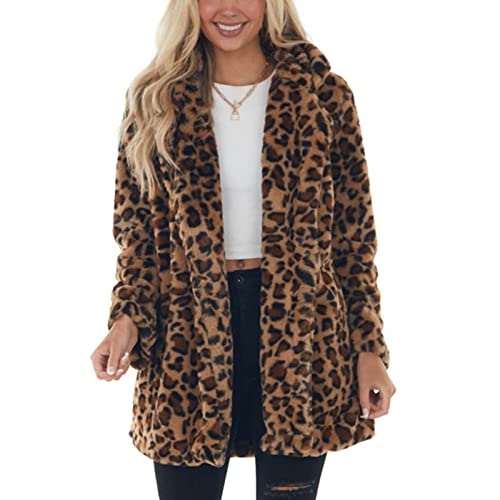 Abrigo de Peluche para Mujer Chaqueta Cálida con Patrón de Leopardo para Mujer con 2 Bolsillos sin Botón Chaqueta Elegante de Manga Larga para Otoño Invierno(XL-Estampado de Leopardo) Cover