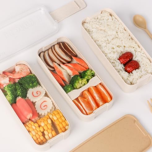 Miniatura 6 de LETSKAB Lonchera Bento de 2 piezas con compartimentos 3 en 1, contenedores apilables para almuerzo a prueba de fugas, ecológicos, para adultos