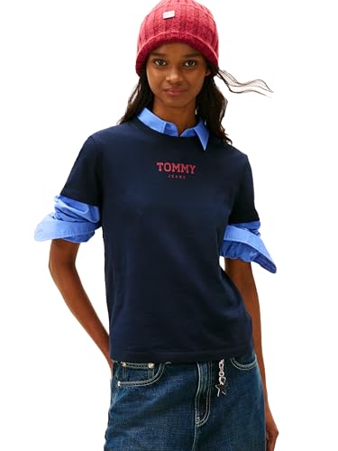 Tommy Jeans Camiseta feminina de algodĂŁo essencial de manga curta com logotipo impresso, Dark Night Navy, PP