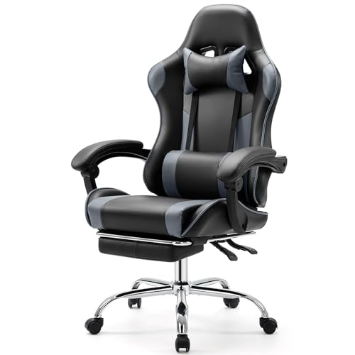 DUMOS Ergonomic Gaming Desk Chair - PU Leather Recliner with Footrest, Lumbar Support, Headrest, Fixed Armrests, Height Adjustable, 360° Swivel, Grey, for Adults