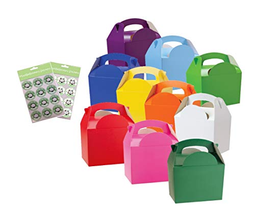 MustBeBonkers® 15 Childrens/Kids Party Boxes Plain Coloured Carry Food Meal Birthday Party Box Loot Bag - Size: 152mm x 100mm x 102mm with Sticker Seals (Variety of Colours)