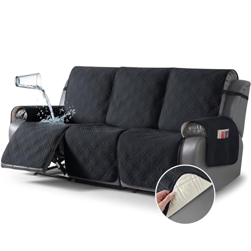 Image of TAOCOCO 100% Waterproof Recliner Sofa Cover Non Slip Couch Cover for 3 Seat Reclining Sofa, Split Reclining Couch Covers 3-Piece with Straps, Washable Sofa Slipcover for Kids Pets(3 Seater, Black)
