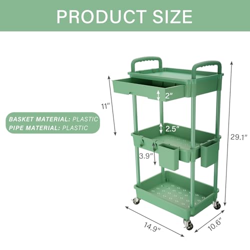 Image of REBECAT 3 Tier Rolling Utility Cart with Drawer,Rolling Storage Cart,Storage Cart for Kitchen,Bathroom,Living Room, Organizer with Iron Wheels(Green)